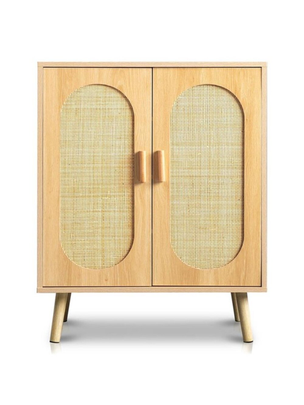 4-Tier 16 Pairs Rattan Wood Shoe Storage Cabinet with 2 Rattan Door for Entryway
